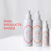 Three bottles of pain relief products with visible labels on a white background.